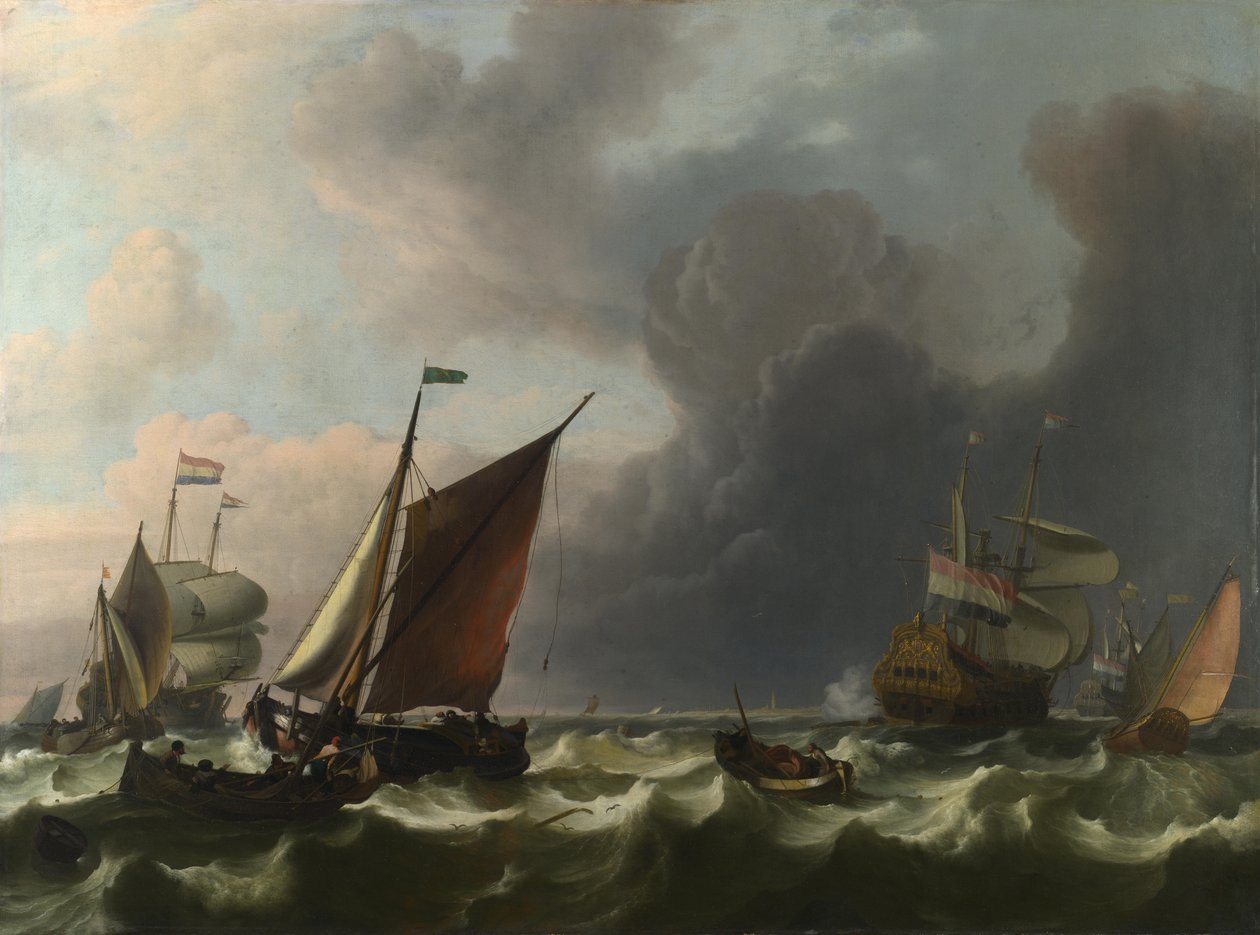 Holenderscy marynarze wojenni i małe statki w rześkim wietrze u wybrzeży Enkhuizen, 1683 autorstwa Ludolf Bakhuizen