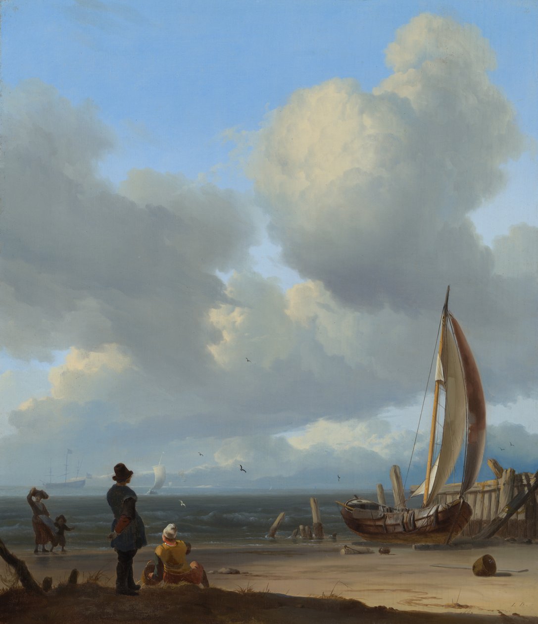niderlandzki: Zeegezicht met figuren bij een vissersboot op het strand Rozległy pejzaż morski z postaciami przy łodzi na brzegu w pobliżu Huisduinen autorstwa Ludolf Bakhuizen