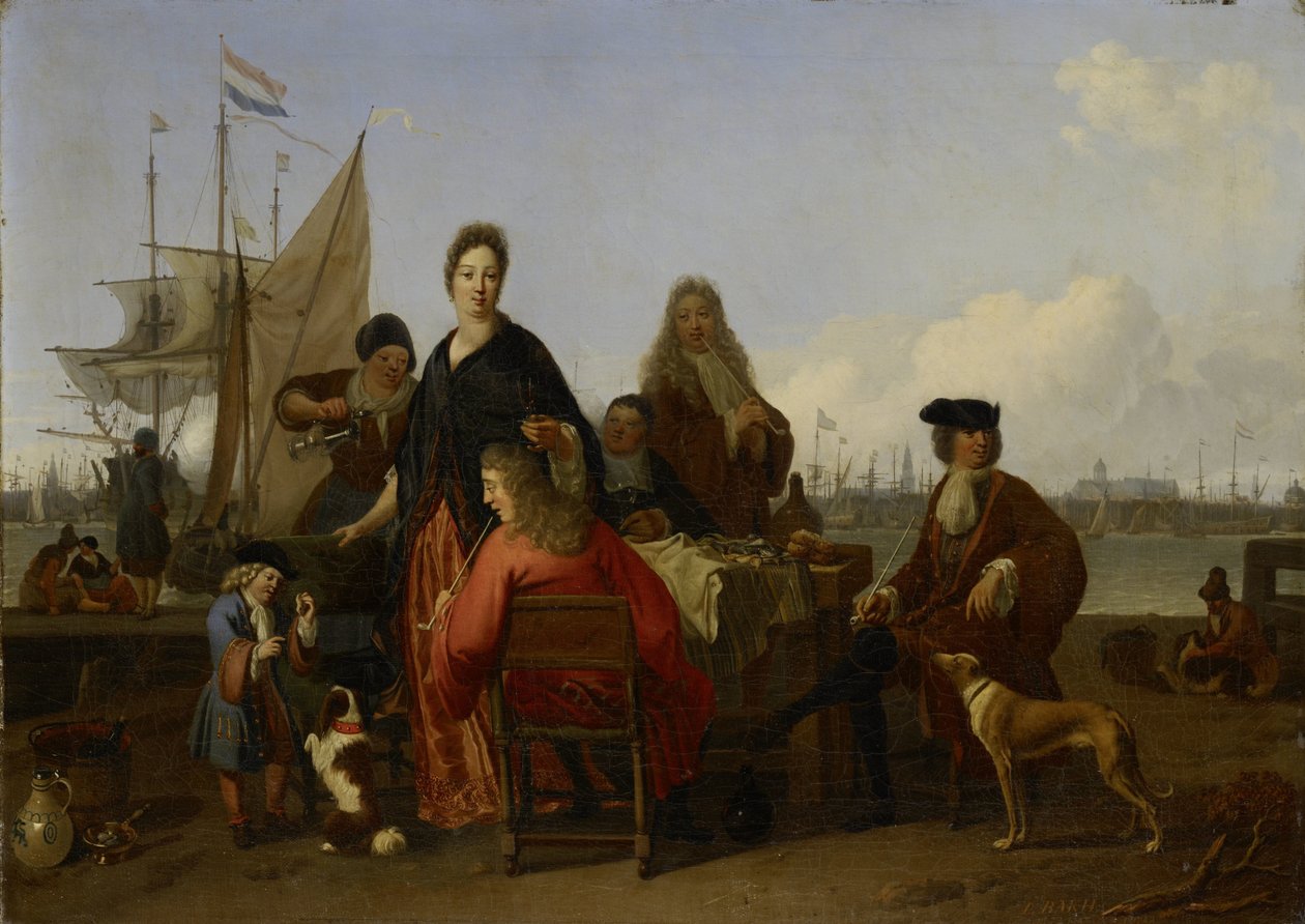 Rodziny Bakhuysen i de Hooghe jedzące w Mosselsteiger (Mussel Pier) na Y, Amsterdam autorstwa Ludolf Bakhuysen (signed by artist)
