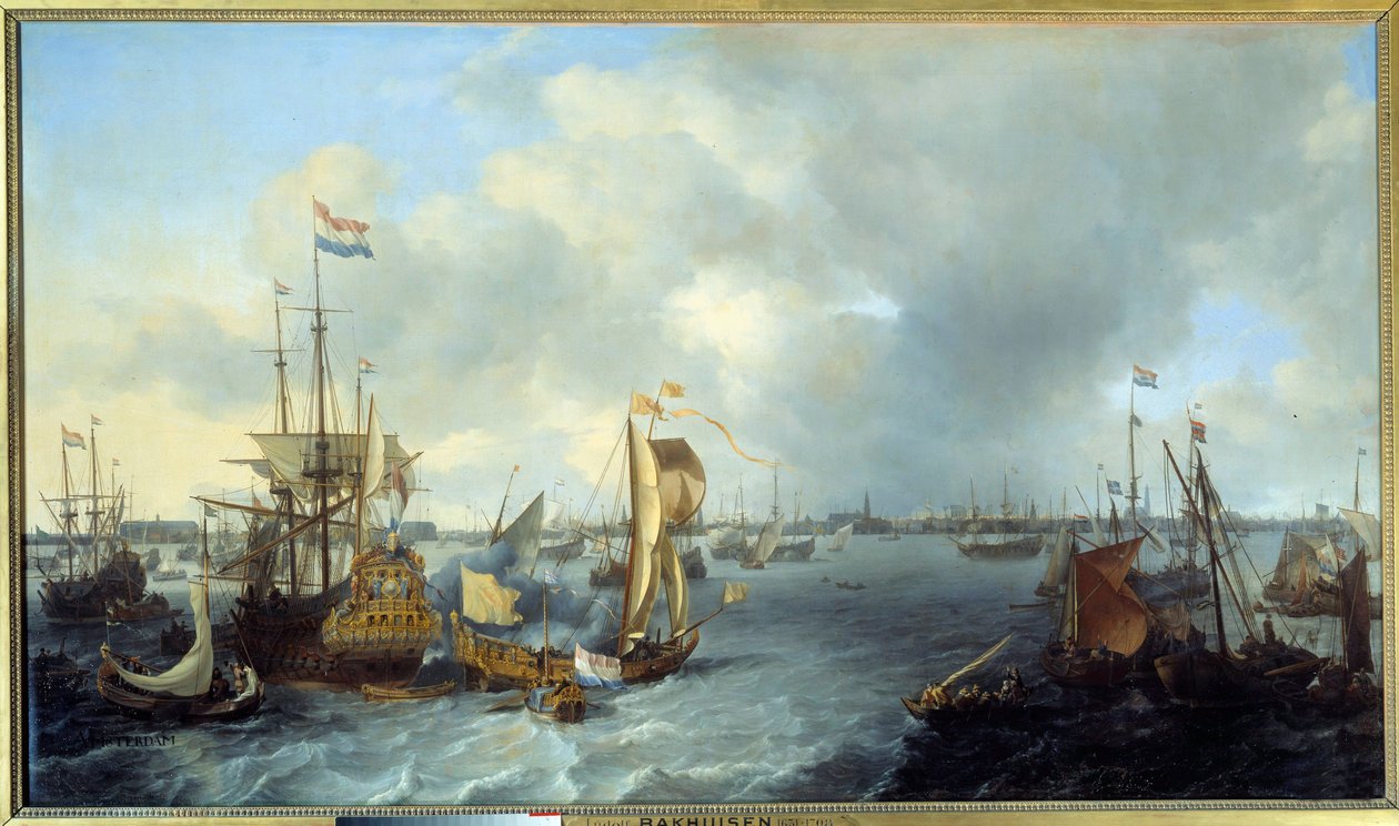 Widok na port w Amsterdamie z obrazu Ij autorstwa Ludolfa Backhuyzena (1631-1708) 1666 nd. 1,28x2,21 m² autorstwa Ludolf I Backhuyzen