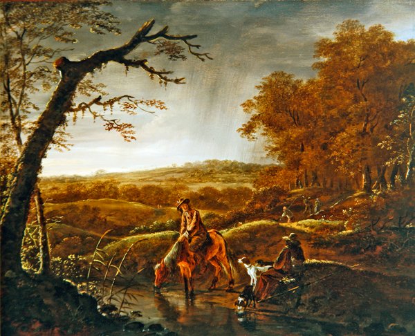 Odpoczywający myśliwi z koniem i psami nad strumieniem, ok. 1650 (olej na panelu) autorstwa Ludolf de Jongh