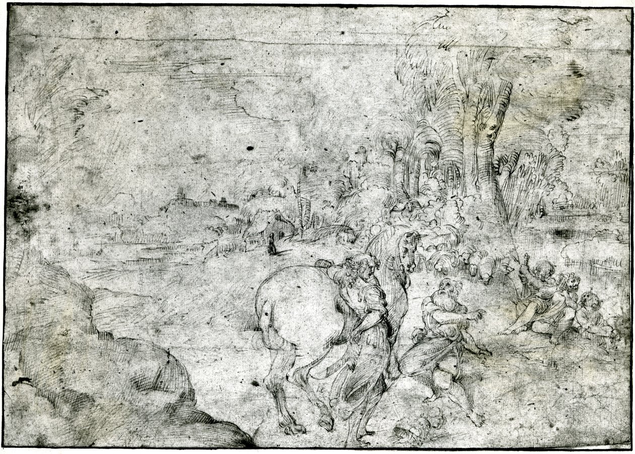Erminia i pasterze, ok. 1600 r. (pióro i tusz na papierze) autorstwa Ludovico Carracci