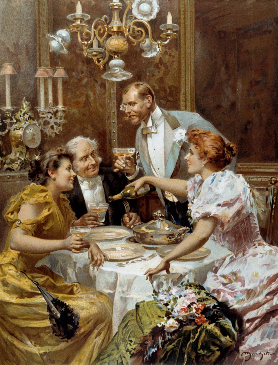 Piękny czas: „”dobra kolacja””” Dwie pary w prywatnym salonie piją szampana. Ilustracja Ludovico Marchetti (1853-1909) 1893 Kolekcja prywatna autorstwa Ludovico Marchetti