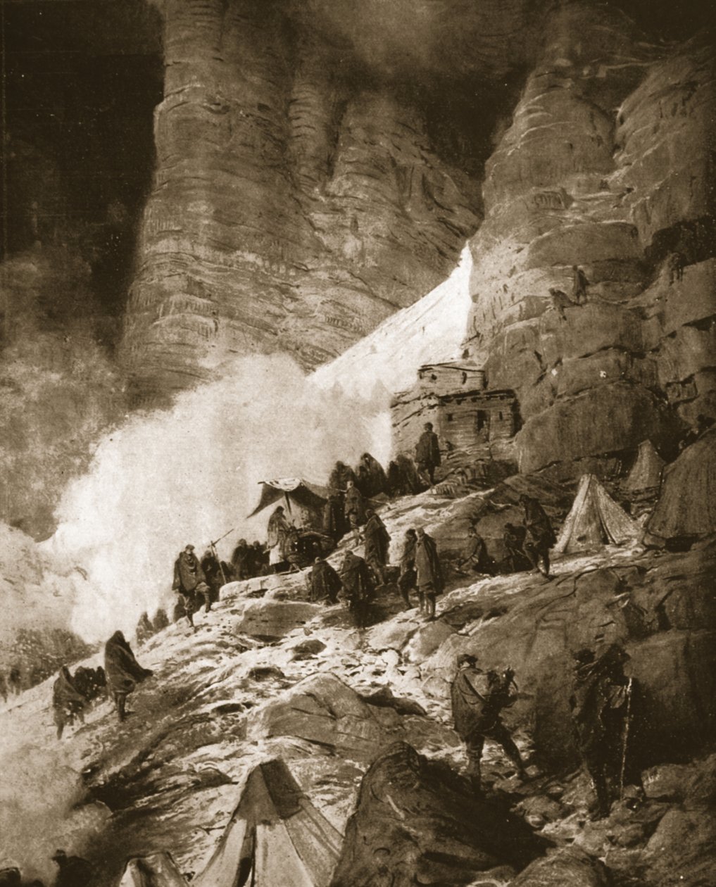 Wojna alpejska Włoch z Austrią: msza odprawiana na zboczu góry, z „The Illustrated War News”, 21 czerwca 1916 (lito) autorstwa Ludovico Pogliaghi