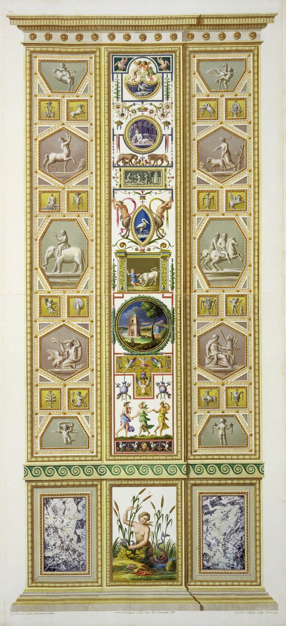 Panel z loggii Rafaela w Watykanie, z „Delle Loggie di Rafaele nel Vaticano”, rytowany przez Giovanniego Volpato (1735-1803), 1774, opublikowany ok. 1774-77 (ręcznie barwiony grawerunek) autorstwa Ludovicus Tesio Taurinensis