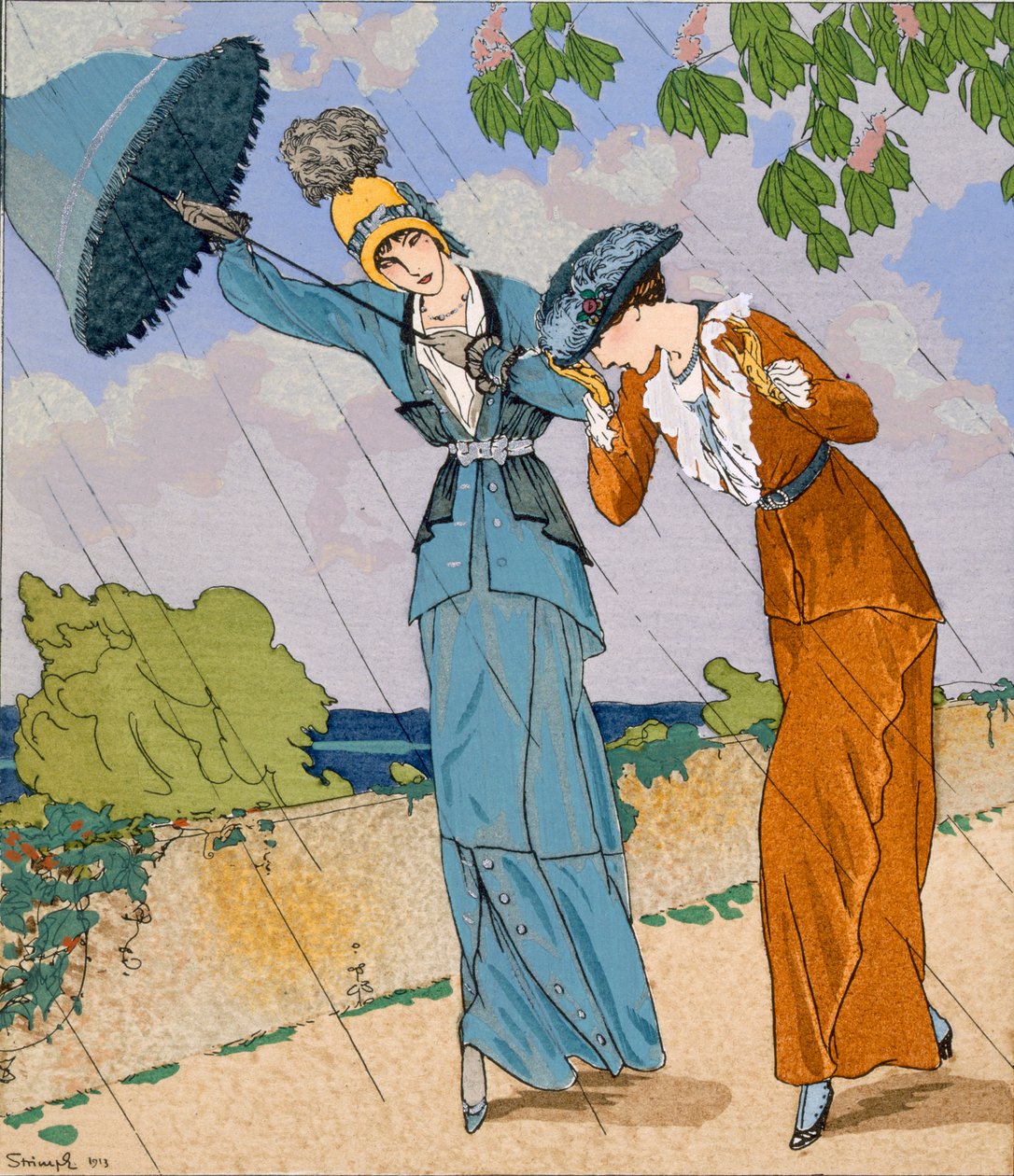 „Giboulee”, tablica VII z Gazette du Bon Ton, nr. 6 kwietnia 1913 (litografia kolorowa) autorstwa Ludvik Strimpl
