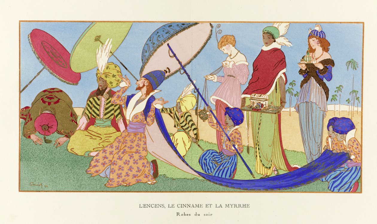 Frankincense, Cinname i Mirra z La Gazette du Bon Ton, wyd. 1914 (druk szablonowy) autorstwa Ludvik Strimpl