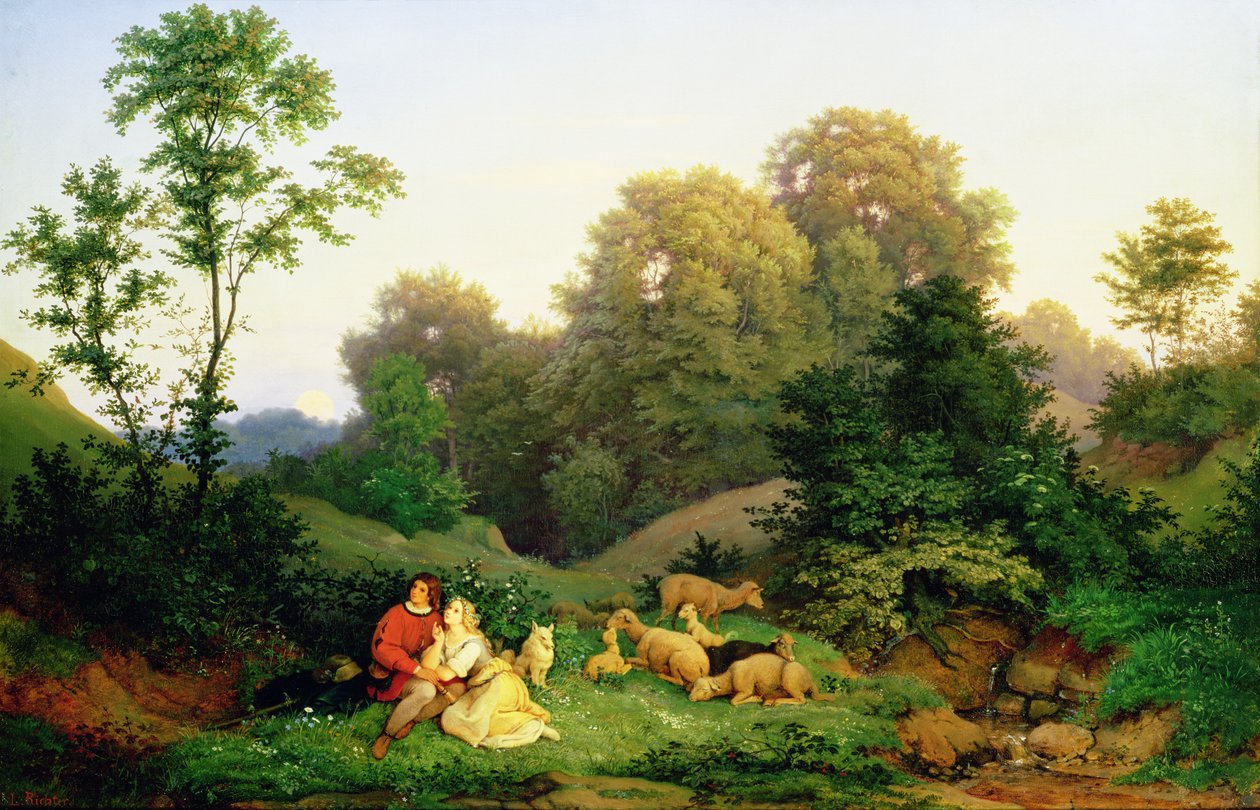 Pasterz i Pasterka w niemieckim krajobrazie, 1844 autorstwa Ludwig Adrian Richter