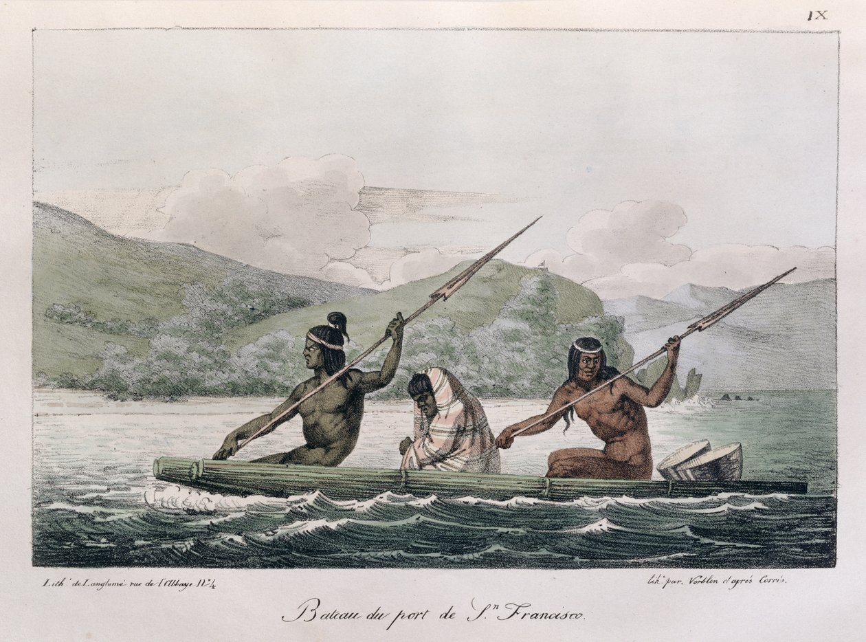 Łódź z portu San Francisco, z "Voyage Pittoresque Autour du Monde", rycina Jean Pierre Norblin (1745-1830), opublikowana w 1822 r. autorstwa Ludwig Choris