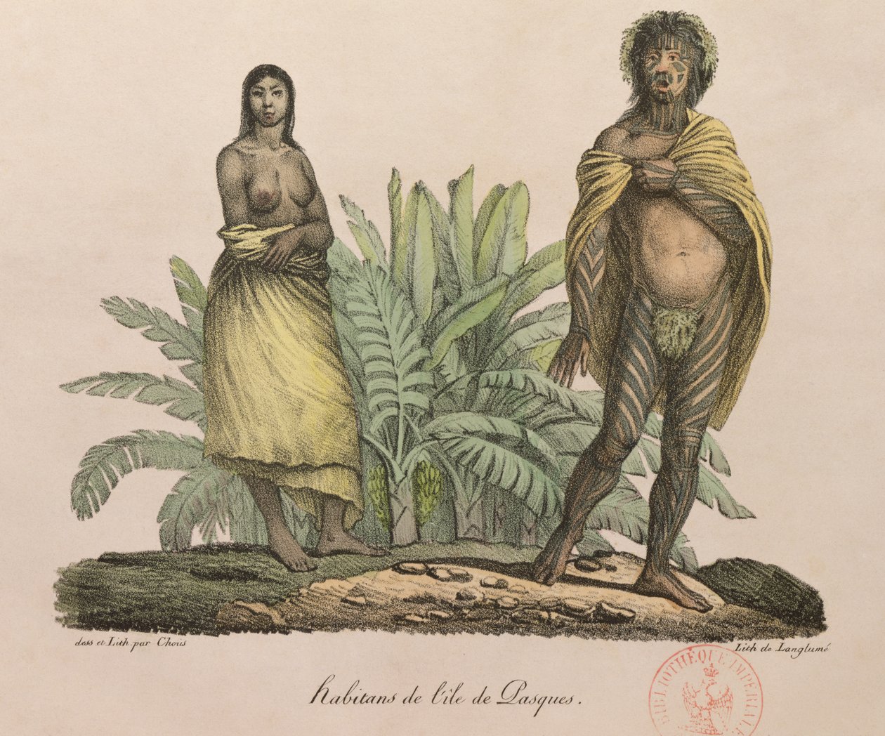 Mieszkańcy Wyspy Wielkanocnej, z „Voyage Pittoresque Autour du Monde”, rycina G. Langlume, 1822 autorstwa Ludwig Choris