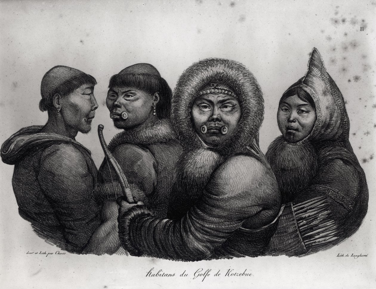 Mieszkańcy Zatoki Kotzebue, z „Podróży Pittoresque dookoła świata”, ryty przez Langlume (fl.1822-24) autorstwa Ludwig Choris