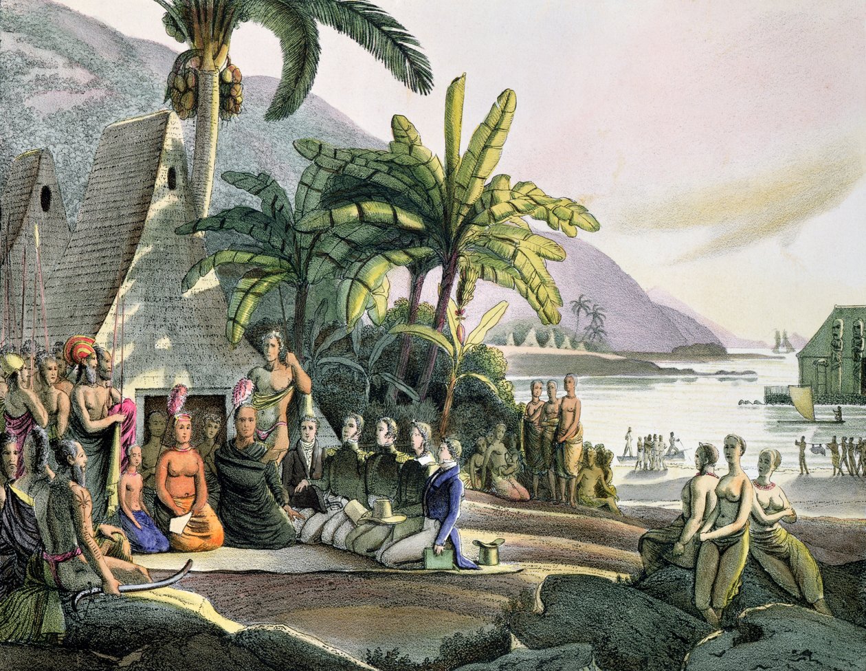 Spotkanie Partii Ekspedycyjnej Otto von Kotzebue (1788-1846) i króla Kamehameha I (174052-1819) Wyspa Ovayhi autorstwa Ludwig Choris