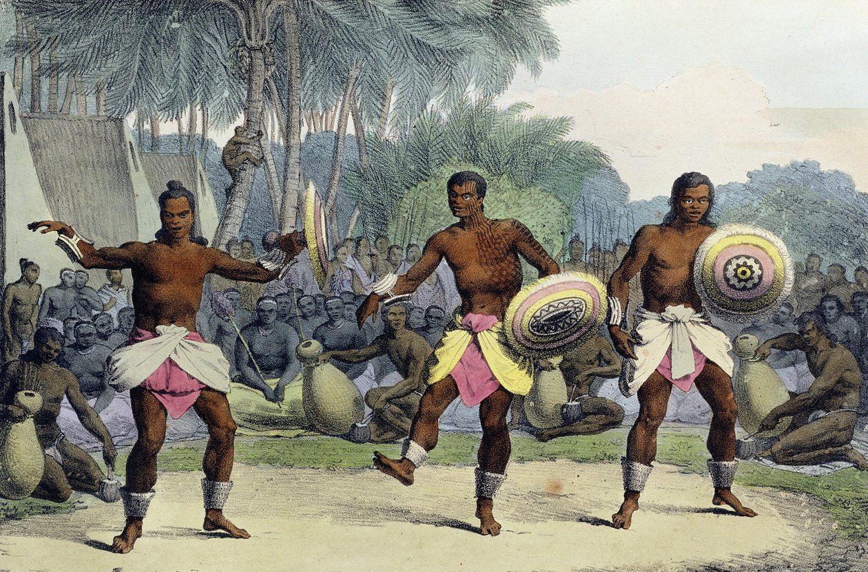 Tańczący tubylcy Wysp Sandwich, z "Voyage Pittoresque Autour du Monde", rycina Jean Augustin Franquelin (1798-1839), opublikowana w 1822 r. autorstwa Ludwig Choris