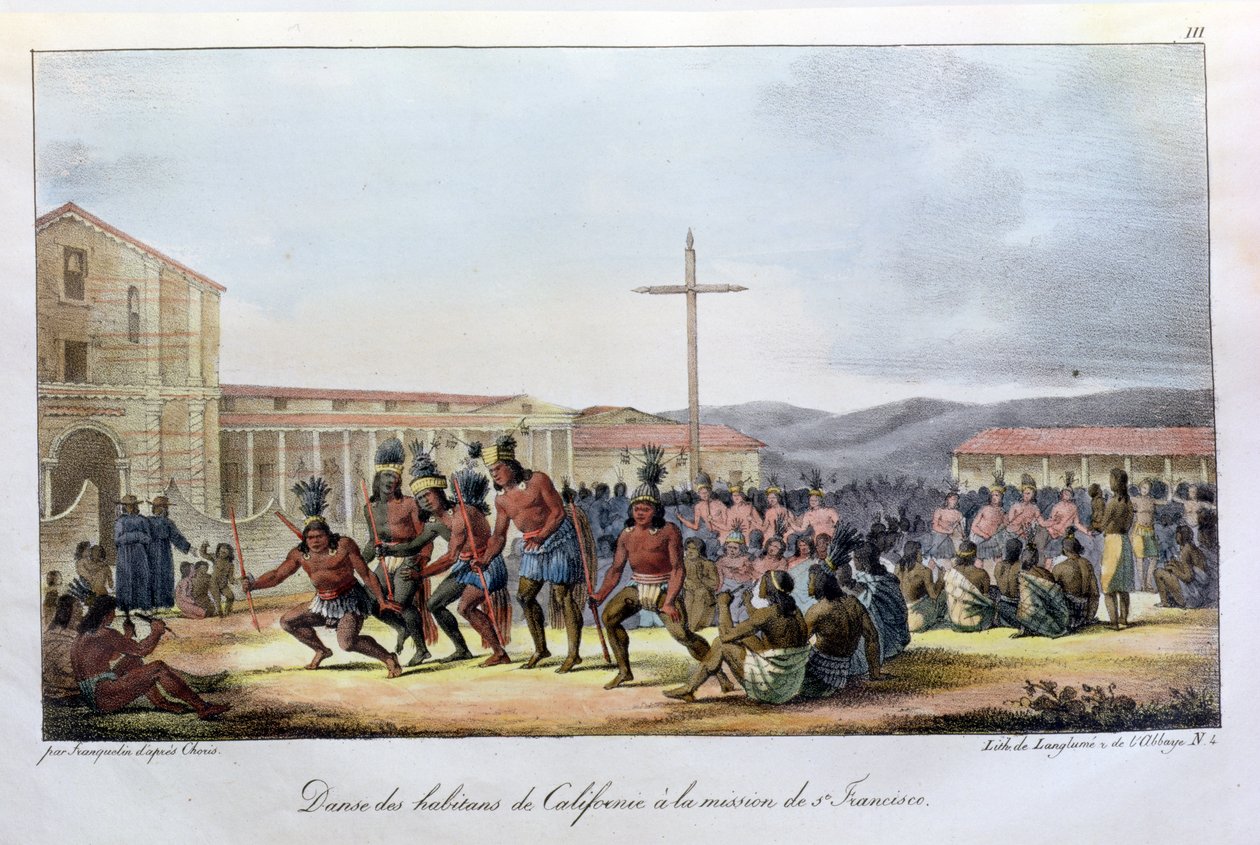 Rytualny taniec tubylców Kalifornii, w misji San Francisco, z „Voyage Pittoresque Autour du Monde”, rytego przez Jeana Augustina Franquelina (1798-1839) wydanego w 1822 r. autorstwa Ludwig Choris