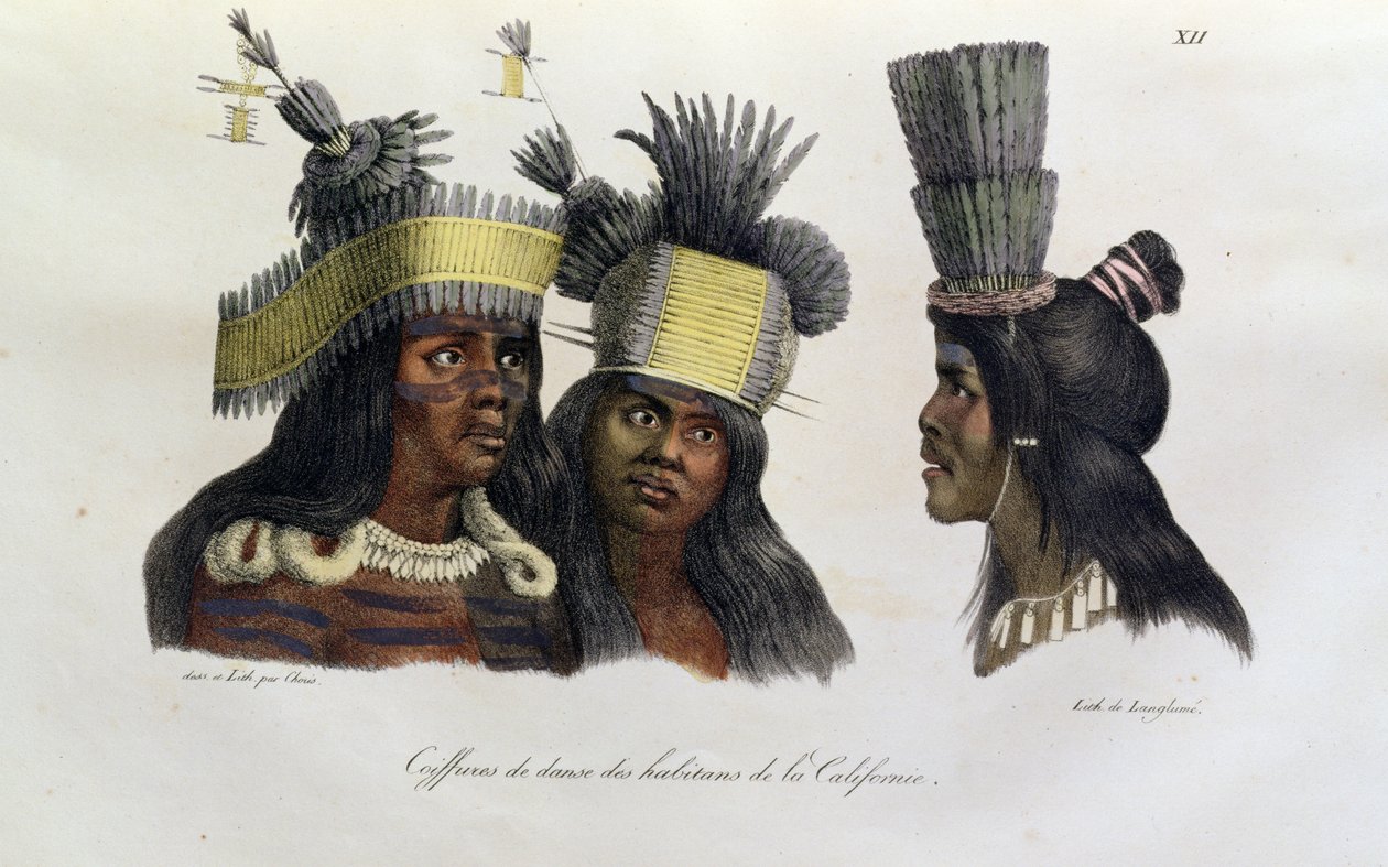 Rytualne nakrycia głowy noszone przez tubylców z Kalifornii, z „Voyage Pittoresque Autour du Monde”, opublikowanej w 1822 r. autorstwa Ludwig Choris