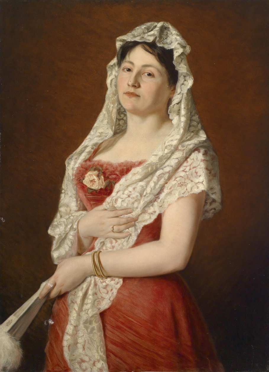 Portret damy z białą koronkową mantylą i wachlarzem autorstwa Ludwig Gloss