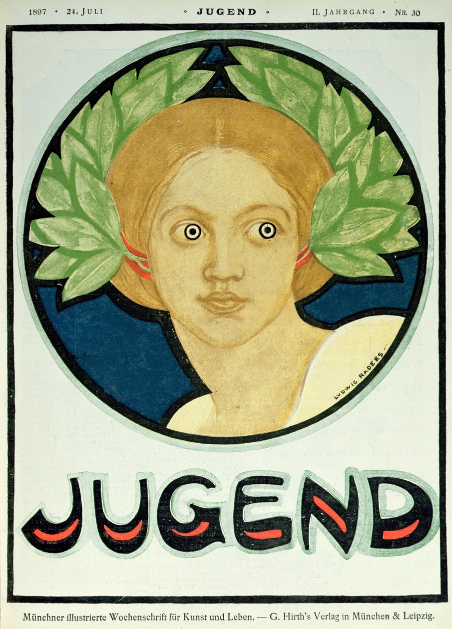 Młoda kobieta z wieńcem laurowym, ilustracja z czasopisma "Jugend", 24 lipca 1897 r. autorstwa Ludwig Raders