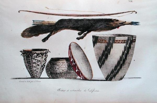 Arms and Utensils z Kalifornii, z „Voyage Pittoresque Autour du Monde”, opublikowany 1822 (kolor lito) autorstwa Ludwig Choris