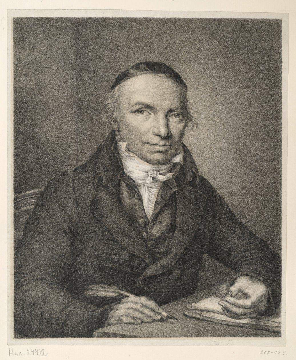 Johann Joachim Bellermann, popiersie przy stole, z sygnetem w dłoni autorstwa Ludwig Buchhorn