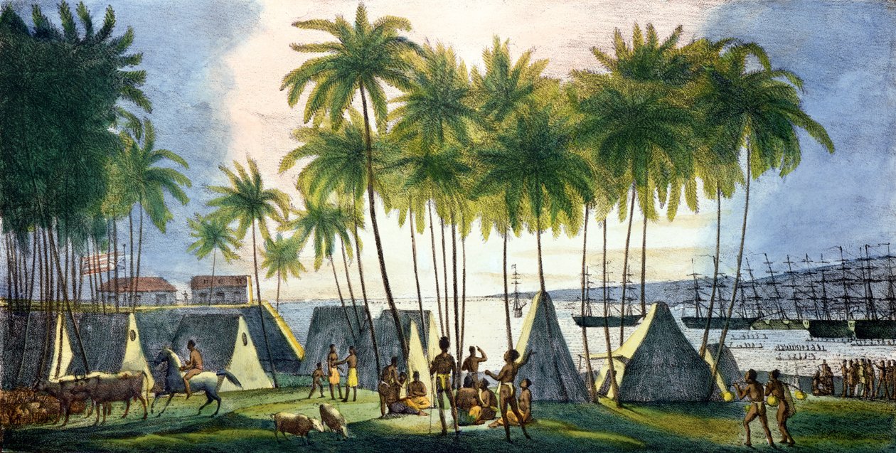 Port Hanarourou na Wyspach Sandwich, z „Voyage Pittoresque around the World”, grawerowany przez G. Langlume (fl.1822-40) 1822 autorstwa Ludwig Choris