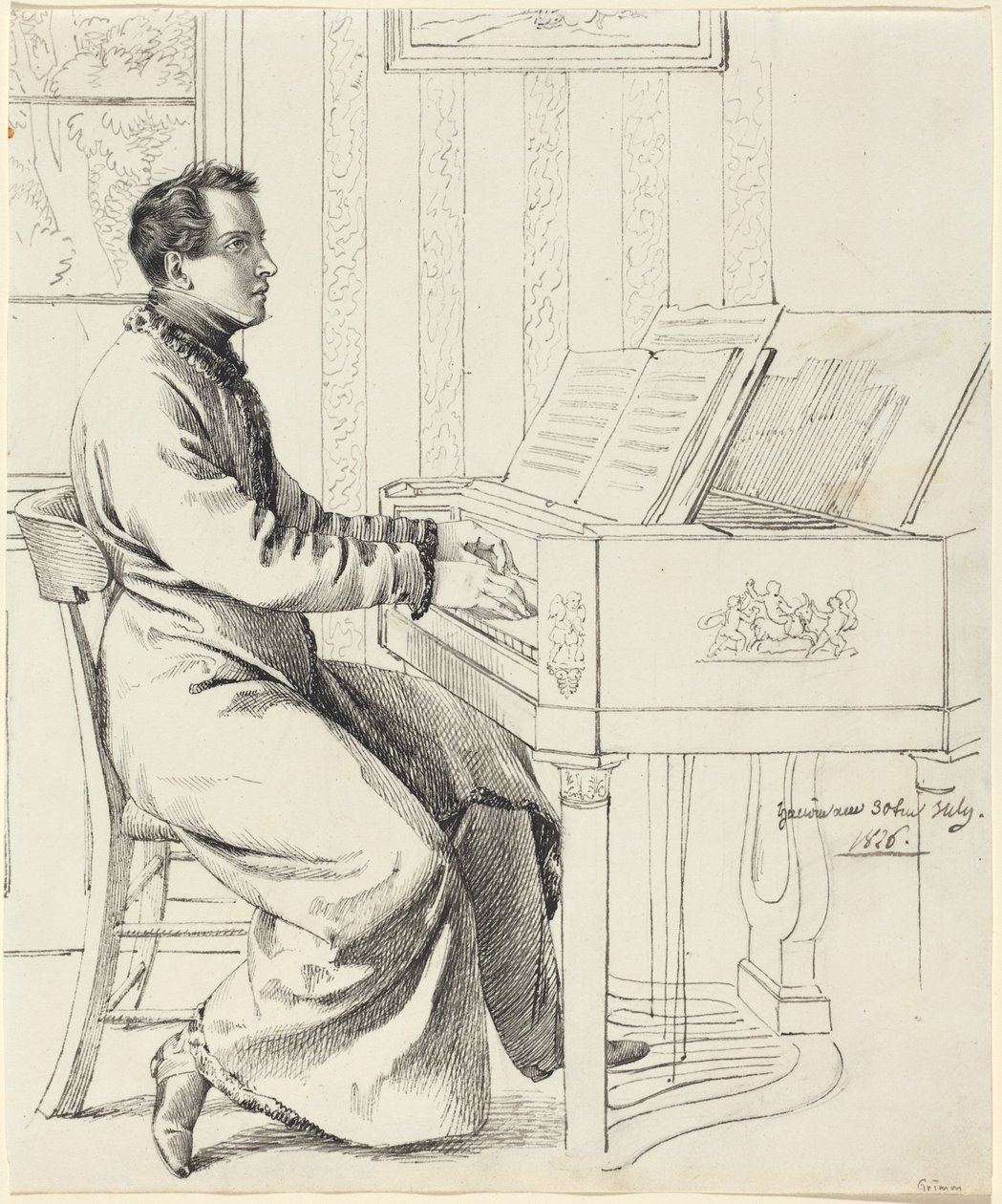 Szwagier artysty, Ludwig Hassenpflug, przygotowujący się do gry na fortepianie autorstwa Ludwig Emil Grimm