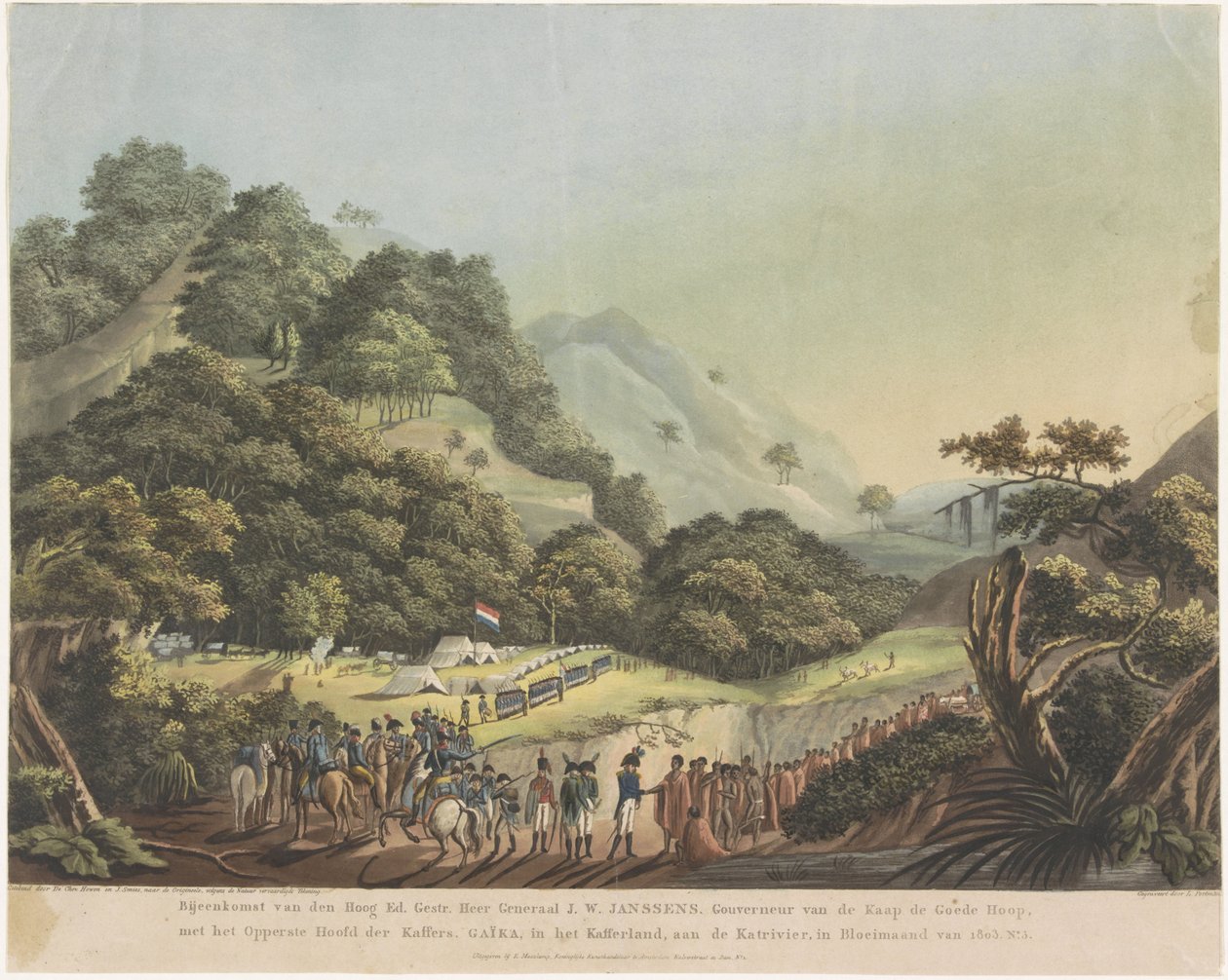 Spotkanie generalnego gubernatora Janssensa z przywódcą Xhosa Gaiką, 1803 r. Spotkanie High Ed. Gestr. Sir generał J.W. Janssensa. Gubernator Przylądka Dobrej Nadziei z Najwyższą Głową Kaffirów. Gaika, w Kaffirland, na Katri autorstwa Ludwig Gottlieb Portman