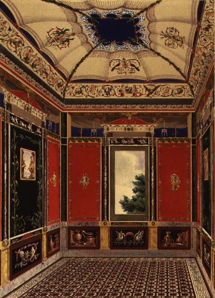 Pokój Pompejański namalowany przez Augustyna Aglio (1777-1857) z „Dekoracji pawilonu ogrodowego na terenie Pałacu Buckingham” autorstwa Ludwig Gruner