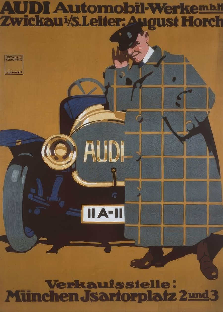 Samochody AUDI działa m. B. H. Zwickau i. S. Kierownik: August Horch autorstwa Ludwig Hohlwein