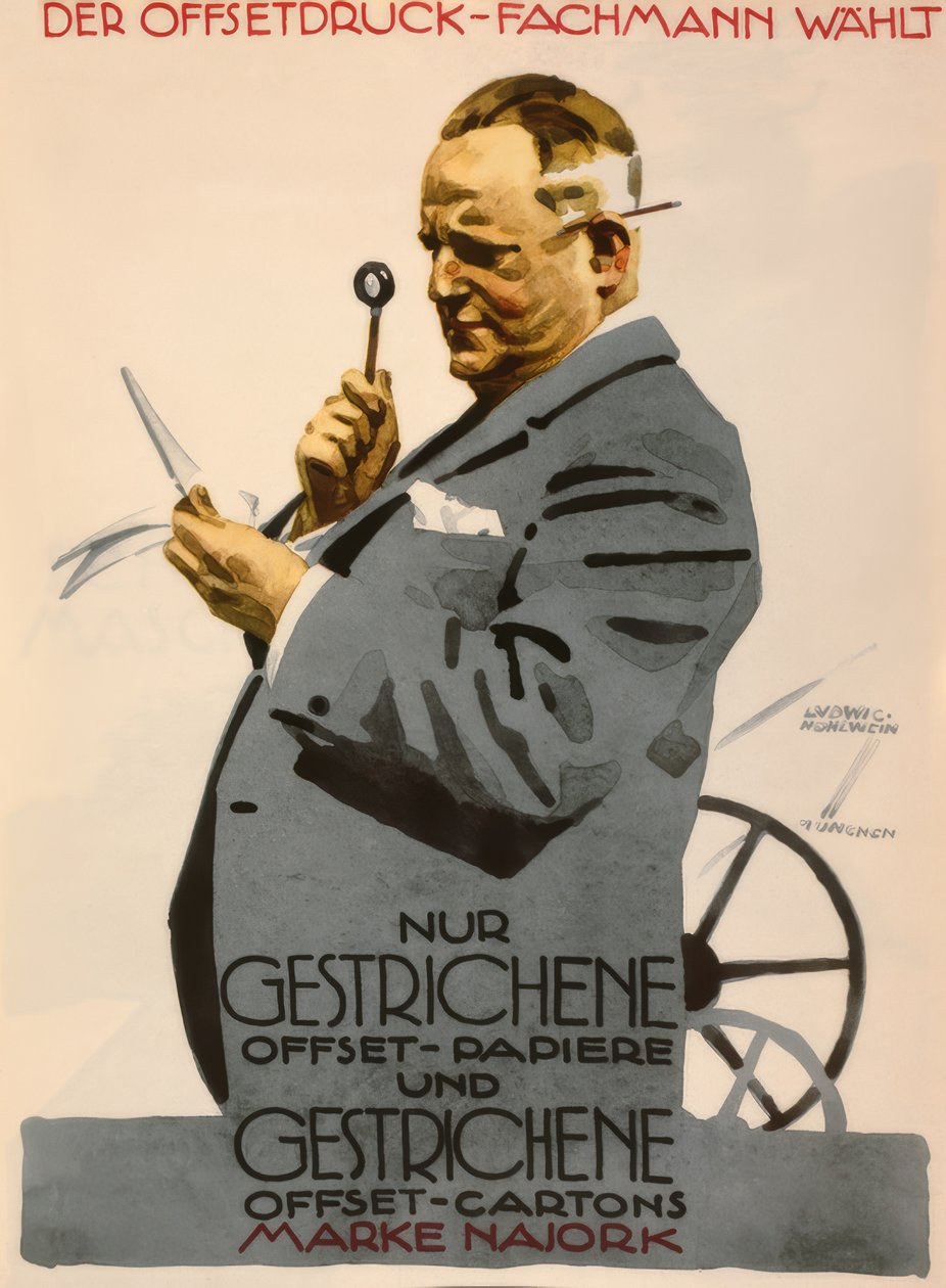 Specjalista od druku offsetowego wybiera tylko papiery offsetowe powlekane (..) marki Najork autorstwa Ludwig Hohlwein