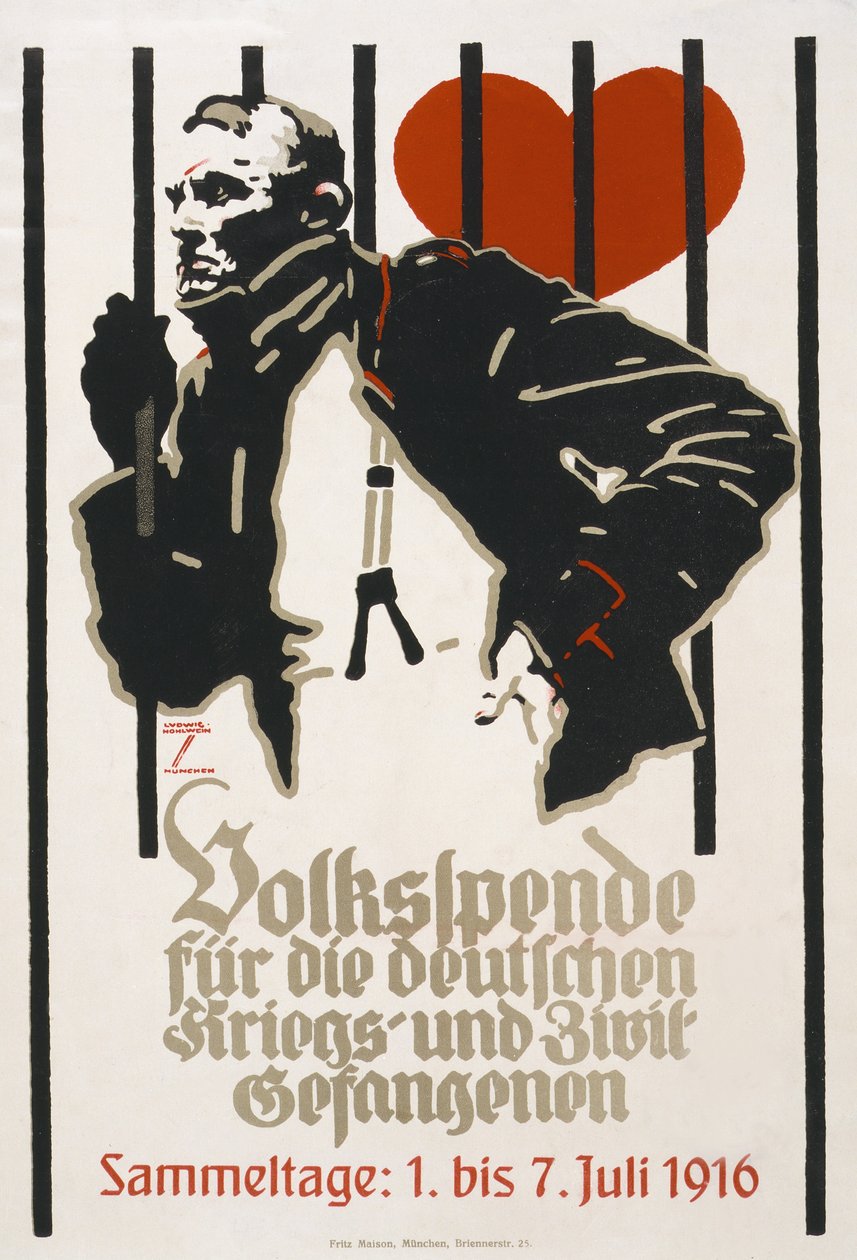 Plakat zbiórki funduszy dla Ludowego Funduszu dla niemieckich jeńców wojennych i cywilnych, dni zbiórki 1-7 lipca autorstwa Ludwig Hohlwein