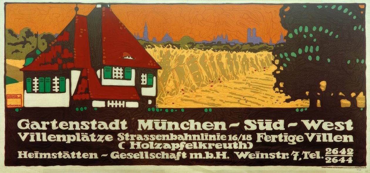 Miasto-ogrody Monachium-South-West / Place willowe / Linia tramwajowa 16/18 / Gotowe wille (Holzapfelkreuth) / Heimstätten-Gesellschaft m autorstwa Ludwig Hohlwein