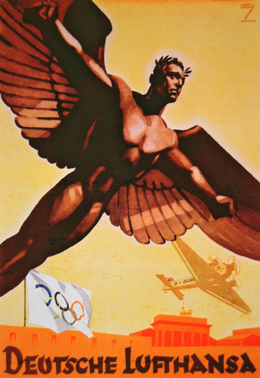 Plakat reklamujący loty do Berlina niemiecką Lufthansą autorstwa Ludwig Hohlwein
