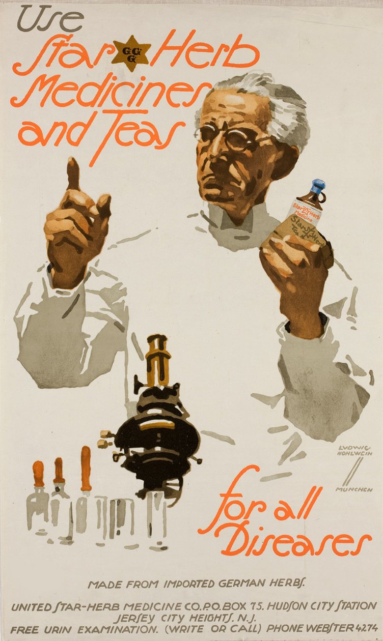Używaj gwiezdnych ziół i herbat - na wszystkie choroby, ok. 1923. autorstwa Ludwig Hohlwein