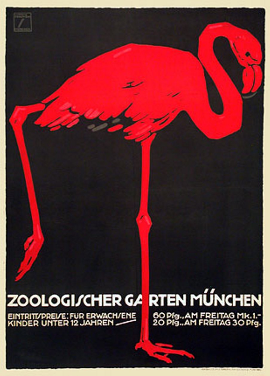 Zoo Plakat z czerwonym flamingiem autorstwa Ludwig Hohlwein