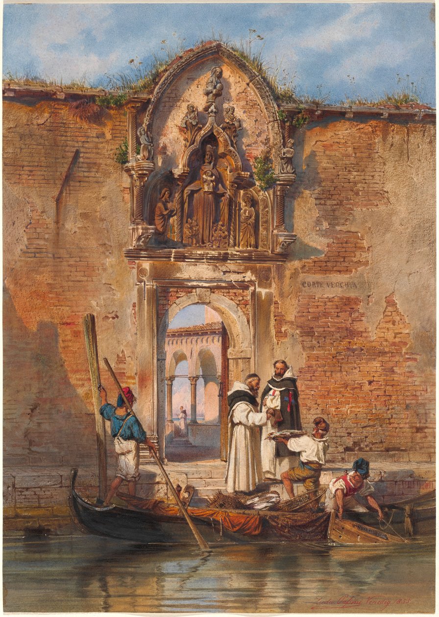 Mnisi kupują ryby przed portalem Madonna della Misericordia autorstwa Ludwig Johann Passini
