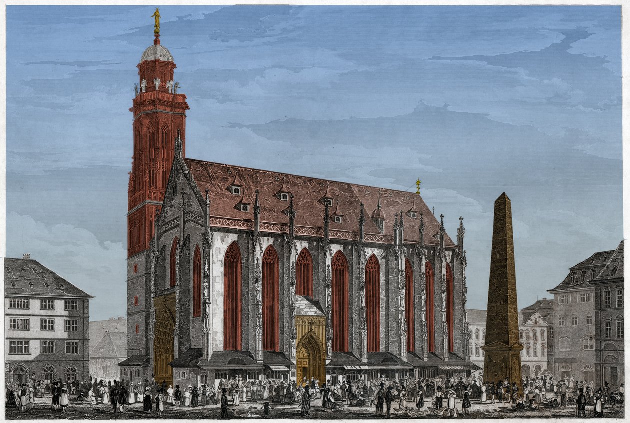 Kaplica Najświętszej Marii Panny w Würzburgu, przed placem Marche i Obeliskiem, Niemcy. ok. 1850 (Grawerowanie) autorstwa Ludwig Lange