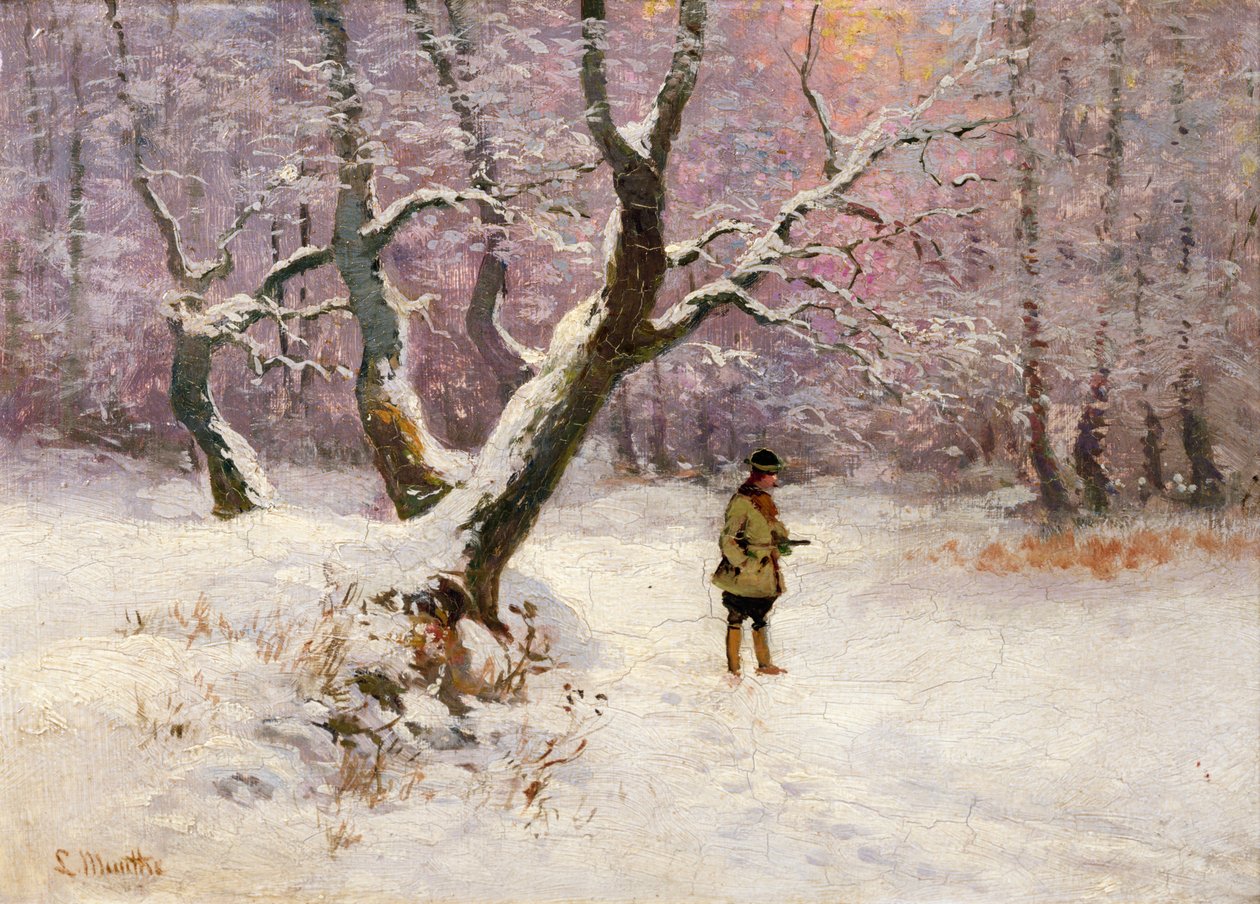Zimowy pejzaż z Łowcami (olej na płótnie) autorstwa Ludwig Munthe