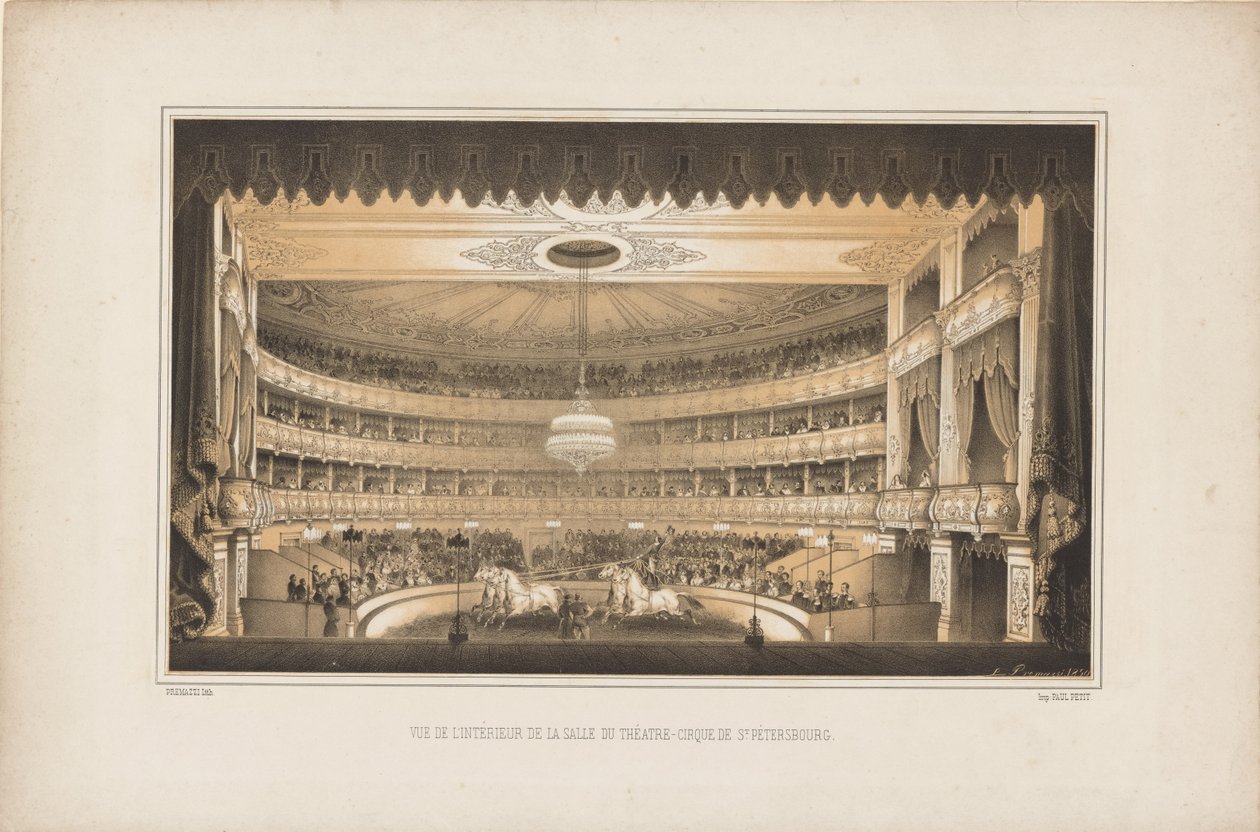 Wnętrze Teatru Cyrkowego Jeździeckiego w Petersburgu, 1850 r. autorstwa Ludwig Premazzi
