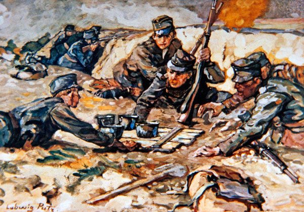 Wnoszenie racji żywnościowych do austriackich okopów pod ostrzałem rosyjskiej artylerii autorstwa Ludwig Putz