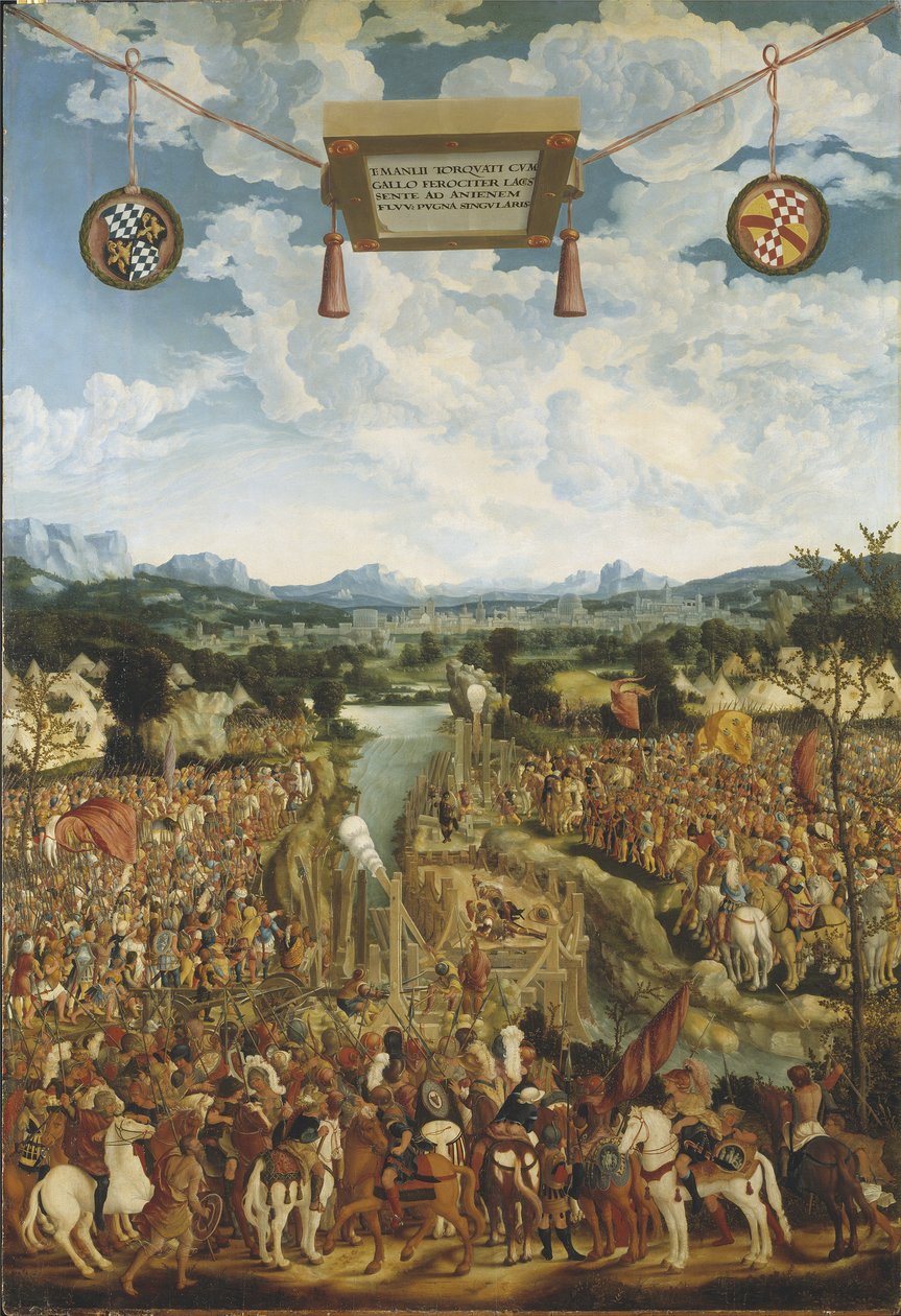 Titus Manlius Imperiosus Torquatus (4eme siècle avant JC) combat un gaulois - Manlius Torquatus walczący z Galią, autorstwa Refingera, Ludwiga (ok. 1510-1549). Olej na drewnie. Wymiar: 160x109 cm. Muzeum Narodowe w Sztokholmie autorstwa Ludwig Refinger