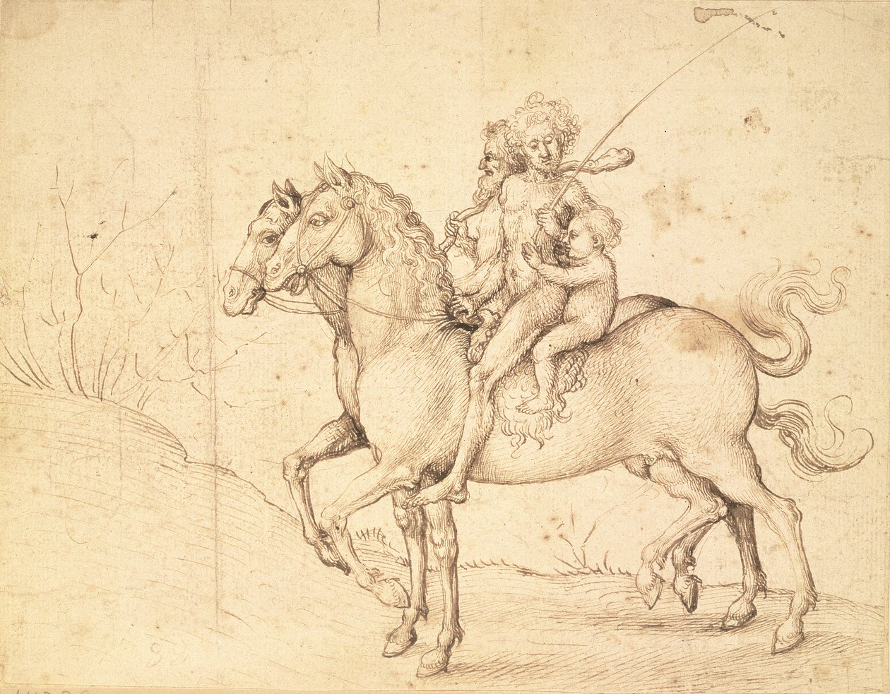 Dzicy na koniu (pióro i brązowy atrament) autorstwa Ludwig Schongauer