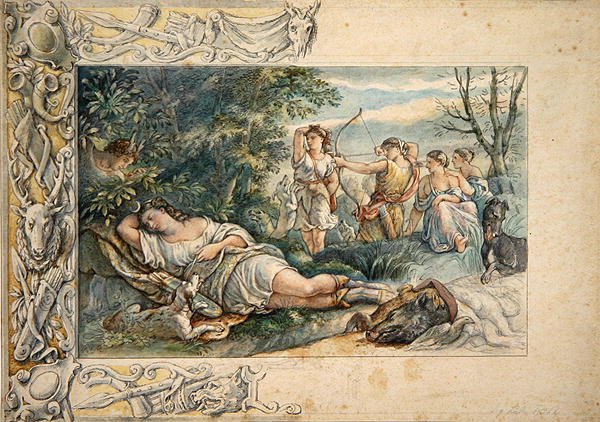 Śpiąca Diana z Towarzyszami (akwarela nad grafitem na papierze) autorstwa Ludwig Sigismund Ruhl
