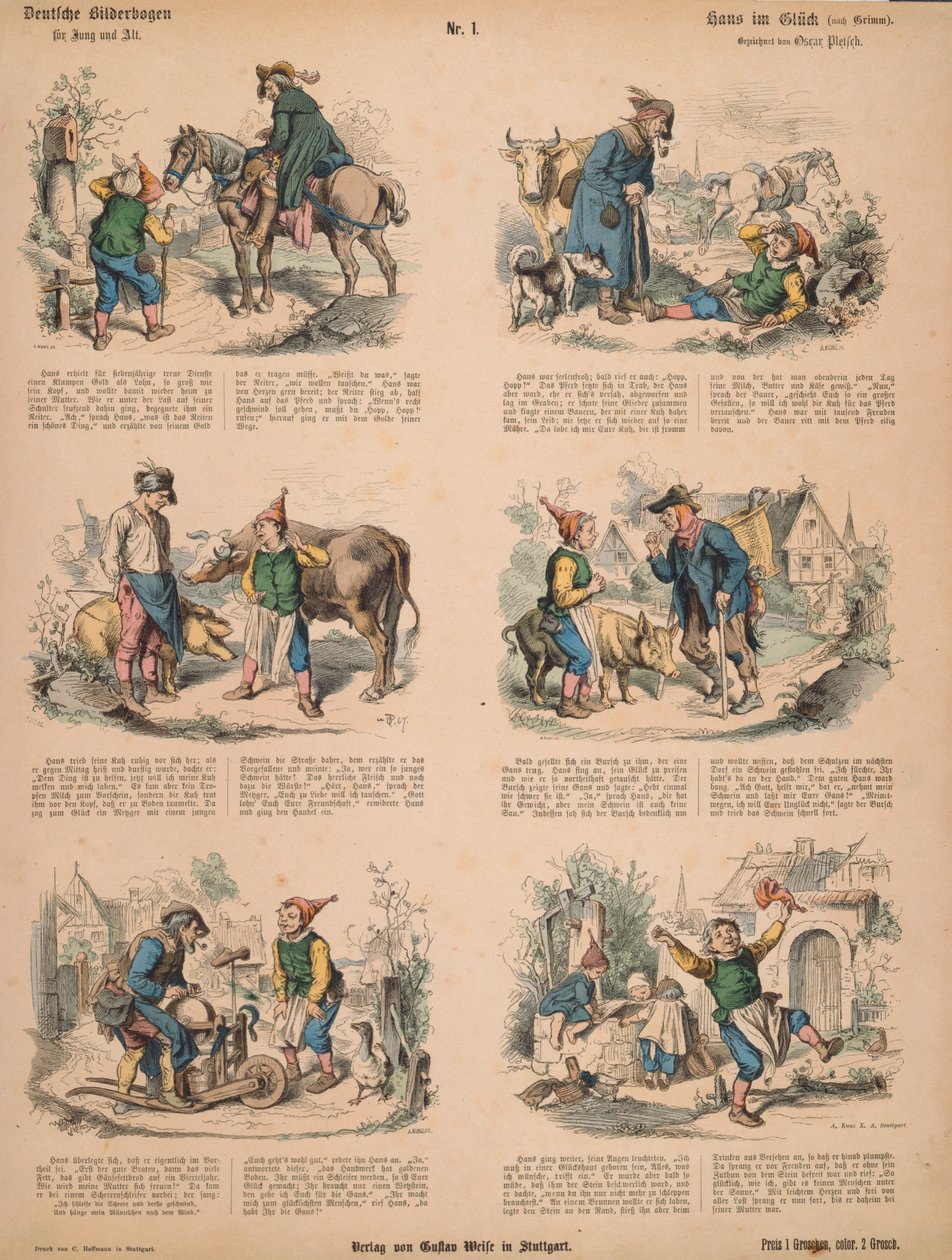 Hans w Lucku (po braciach Grimm), nr 213 z Muenchener Bilderbogen wyd. Braun & Schneider, Monachium, 1880 autorstwa Ludwig Voltz