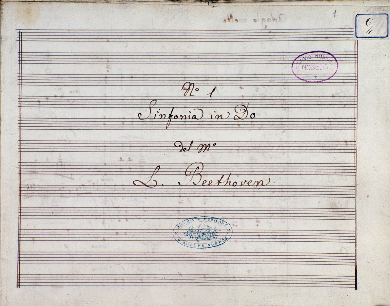Pierwsza strona nuty do Symfonii nr 1 en C-dur op. 21, autorstwa Ludwiga van Beethovena autorstwa Ludwig van Beethoven