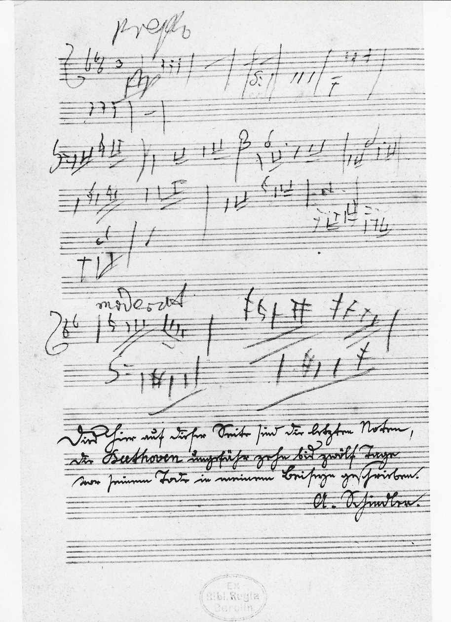 Ostatnia strona z nutami niemieckiego kompozytora Ludwiga van Beethovena (1770-1827) autorstwa Ludwig van Beethoven
