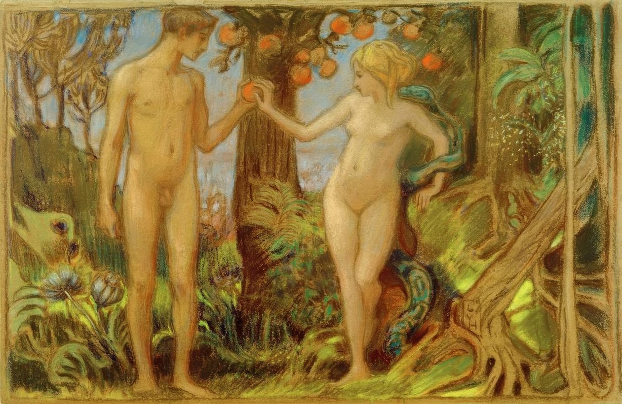 Adam i Ewa przy drzewie poznania" autorstwa Ludwig von Hofmann