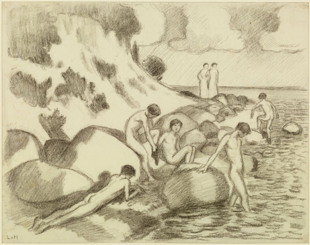 Kąpiący się chłopcy na plaży, w tle dwie kobiety autorstwa Ludwig von Hofmann