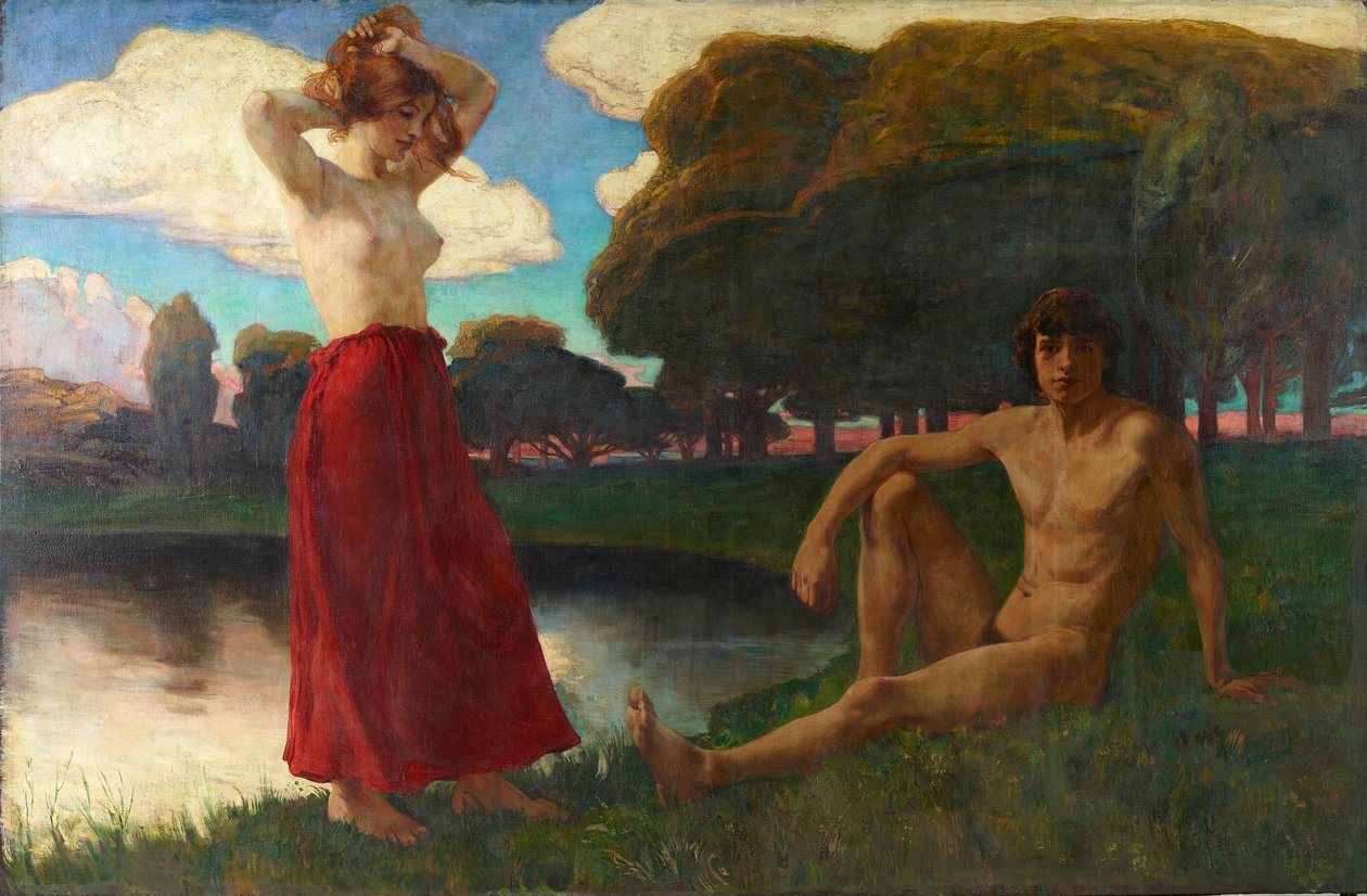 Idylla (półnagość mężczyzny i kobiety w krajobrazie) autorstwa Ludwig von Hofmann