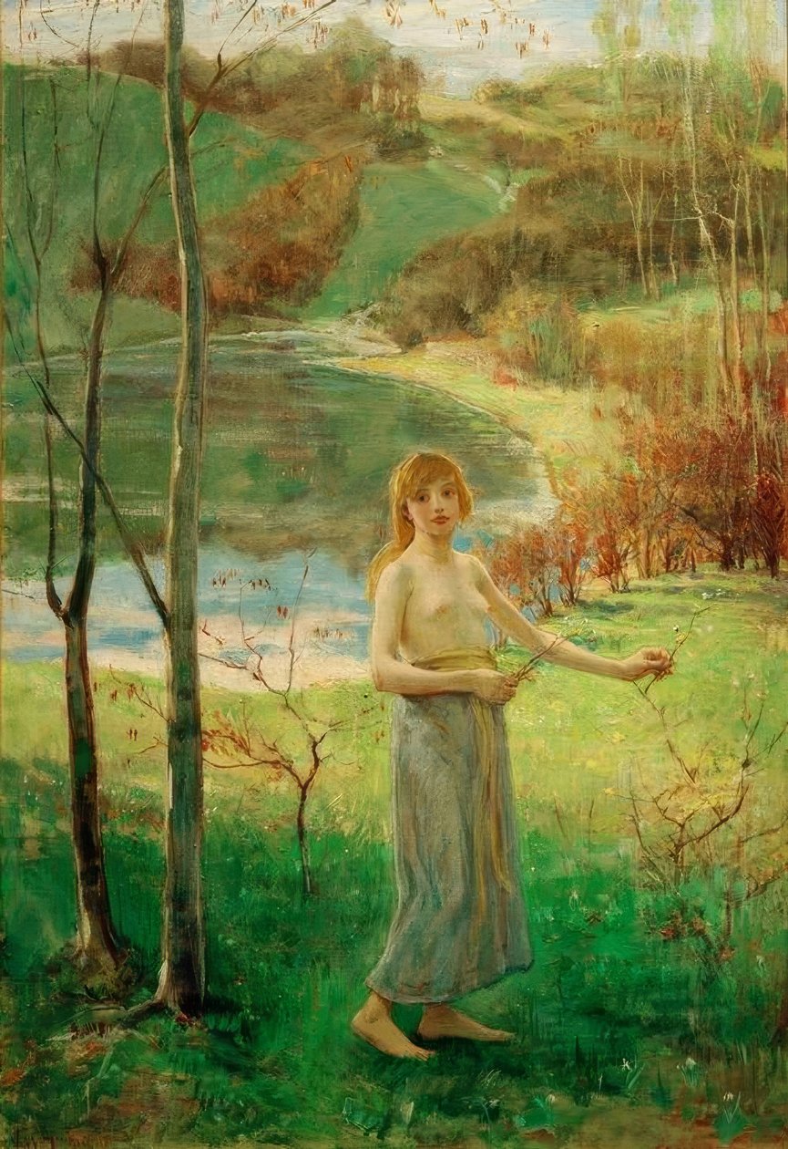 Młoda kobieta zbiera kwiaty autorstwa Ludwig von Hofmann