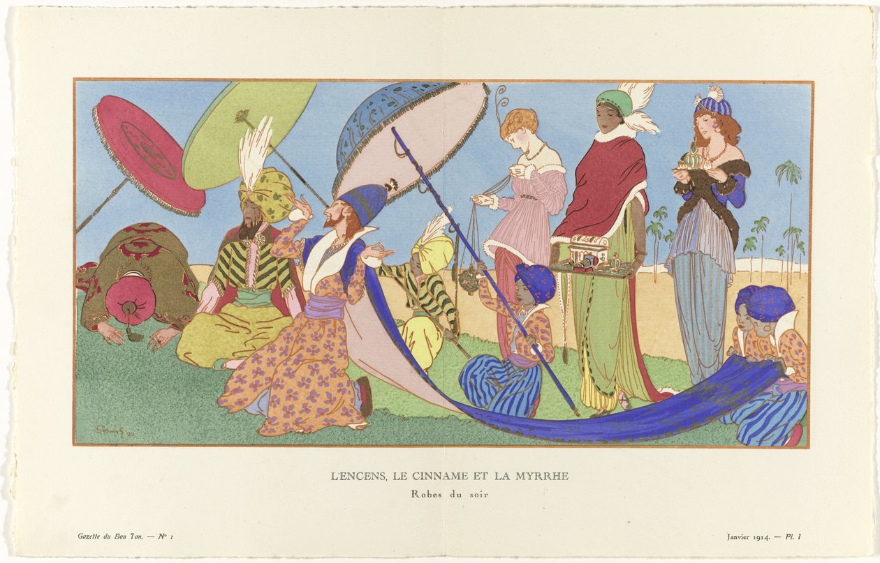 Gazette du Bon Ton, 1914 - nr 1, pl.I: Kadzidło, Cynamon i Mirra / Suknie wieczorowe. (tytuł na obiekcie) autorstwa Ludwik Strimpl